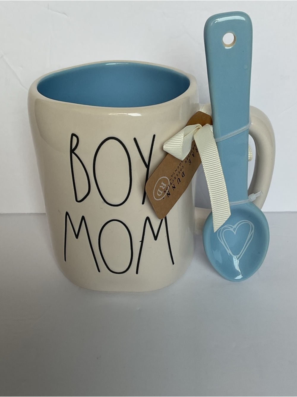 Rae Dunn Boy Mom White Cup Mug with Blue Spoon Gift Set Brand New Baby Shower